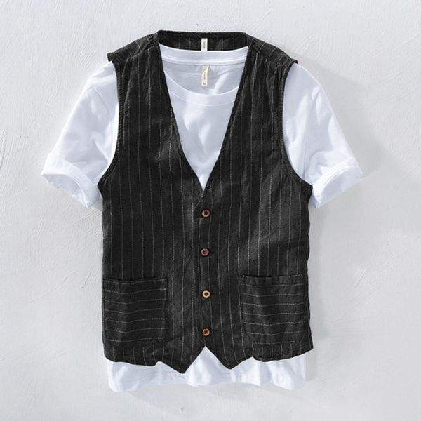 

summer vest jacket men vests striped cotton linen slim fit fashion outwear vest sleeveless jacket man d90523, Black;white