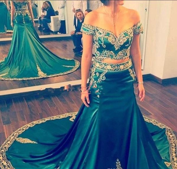 Abiti da ballo a sirena alla moda in due pezzi Abiti da junior in raso verde applique 2020 Abiti da festa africani taglie forti Robe De Soiree Treno da sera