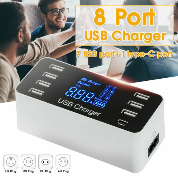 

8-портовый usb-зарядное устройство quick lcd led display adapter desktop dock 7 usb порт зарядки и 1 type-c порт