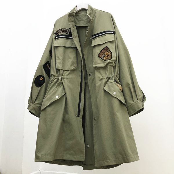 

embrodery trench coat 2019 spring and autumn windbreaker female long green coat loose wild drawstring ladies tooling trench, Tan;black