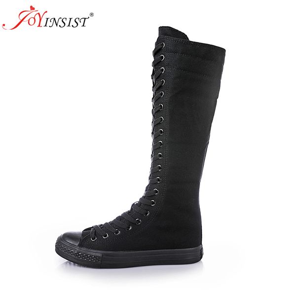 

2019 new spring autumn women shoes canvas casual high shoes long boots lace-up zipper comfortable flat boots sneakers, Black