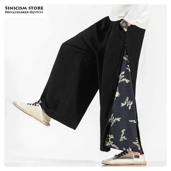 

sinicism store male chinese style wide leg casual trousers men oversize vintage pants mens 2019 autumn print fashion pants news, Black