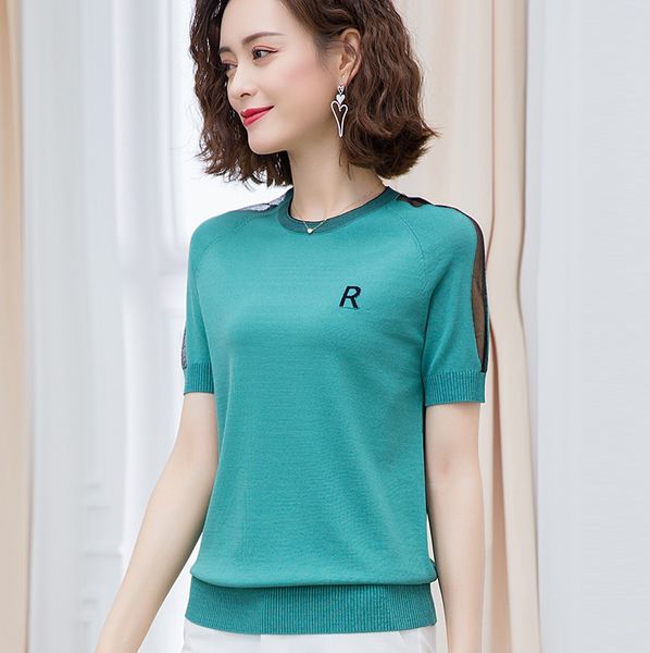 

summer women knit white short sleeve 2020 thin sweaters autumn lace hollow out pullover o-neck letter ladies cotton green jumper, White;black