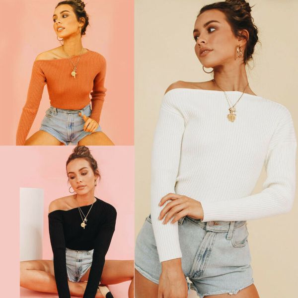 

2019 autumn women's clothing women's one off shoulder long sleeve slim fitt crop pullover jumper, White;black