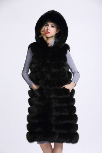 

artificial fur coat winter fluffy coat with fur hood faux mink fox fur vest jacket feminino long ladies waistcoats, Black