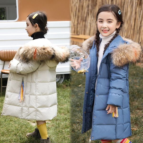 

winter thicken windproof warm long child down coat fur collar children outerwear baby girls jackets kids outfits for 110-160cm, Blue;gray