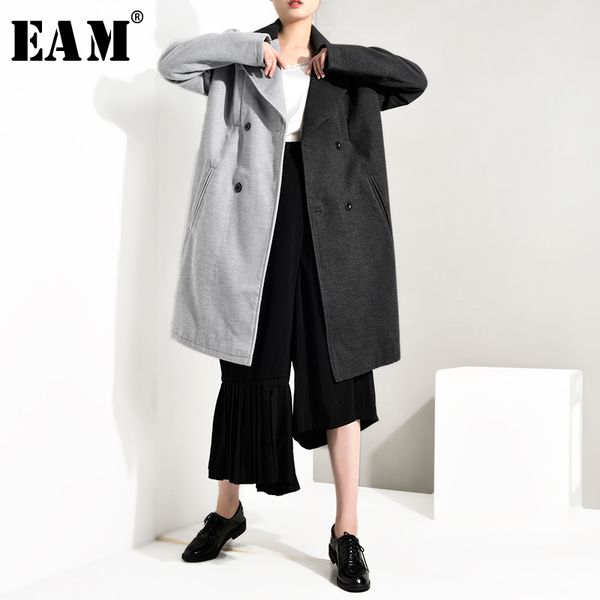 

eam] loose fit contrast color black gray woolen coat parkas new long sleeve women fashion tide autumn winter 2019 jc9690