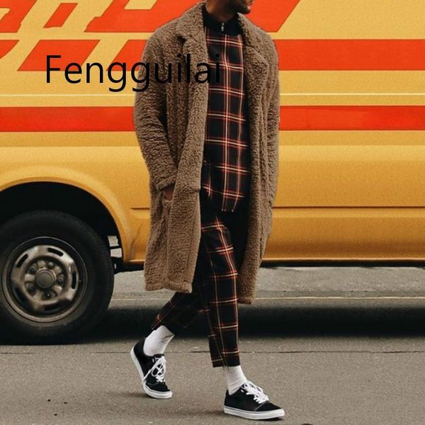 

winter fashion men trench outerwear solid faux fleece long cardigan long sleeve streetwear overcoat fluffy jackets coats, Tan;black
