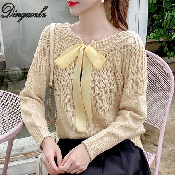 

dingaozlz long sleeve lady knitted shirt loose autumn winter women sweater bow tie casual pullovers, White;black
