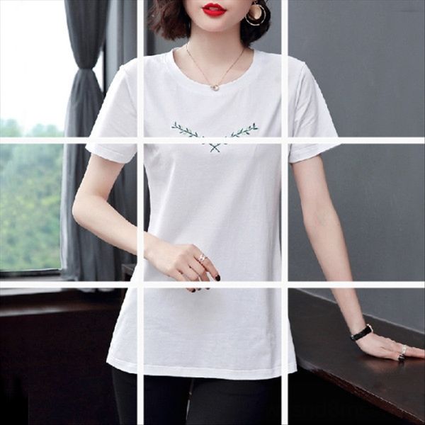 

embroidered short coat t- short coat short-sleeved t-shirt medium and long loose large size body blouse women's short-sleeved shirt wom, White