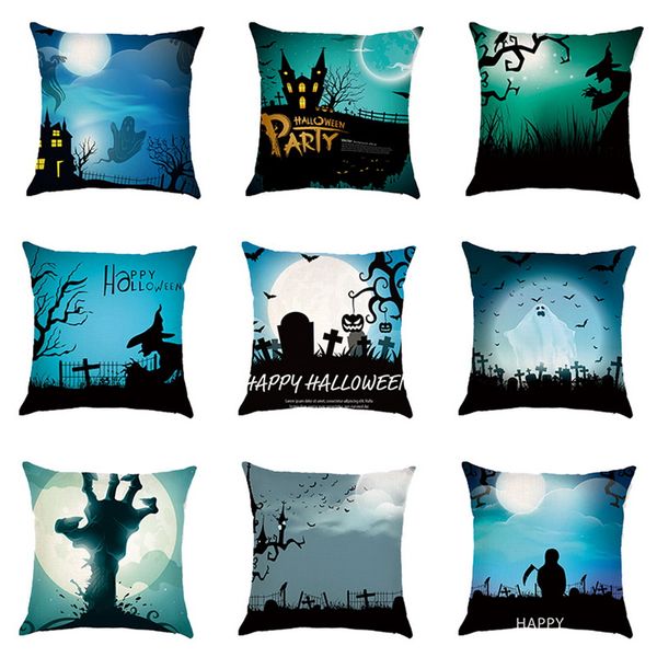 

happy halloween cushion cover linen throw pillow witch ghost castle crow printed decorative pillow case for sofa bedroom