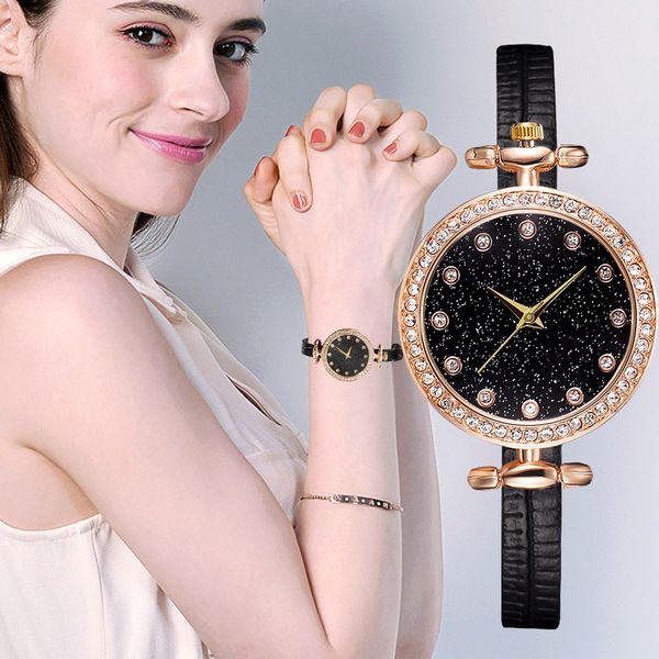 

women wrist watc fashion ladies watch lady starry dial rhinestone leather belt watch analog quartz watches for women, Slivery;brown