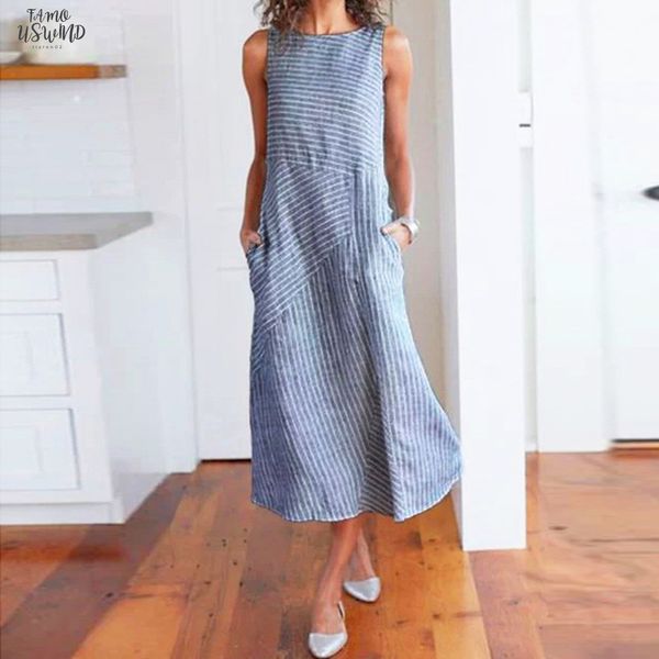 

женщины летнее платье повседневное полосатое платье без рукавов круглый вырез льняной карман длинные платья повседневные платья мода лето 20, Black;gray