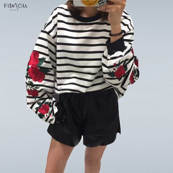 

Autumn Harajuku Hoodies Roses Embroidery Lantern Sleeve Loose Striped Casual Women Casual Sweatshirt Girl Vintage Elegant Tops
