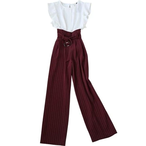 

fashion suit female summer dress new casual suit flying sleeve chiffon shirt + striped wide leg pants two-piece suits women, White