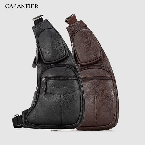

caranfier mens chest bags shoulder messenger bags pu leather casual zipper soft male classic solid color travel crossbody bag
