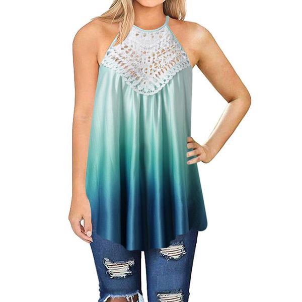 

2019 camis women fitness women's gradient printing sleeveless halter hollow out casual streetwear summer loose camis a1, White