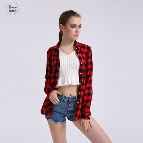 

casual plaid women blouses red black check boyfriend style long sleeve loose camisa shirts plus size, White
