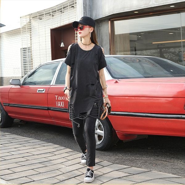

punk women's wear summer hole tassel wattel mid-long personalized fashion brand cotton t-shirt female 200335, White