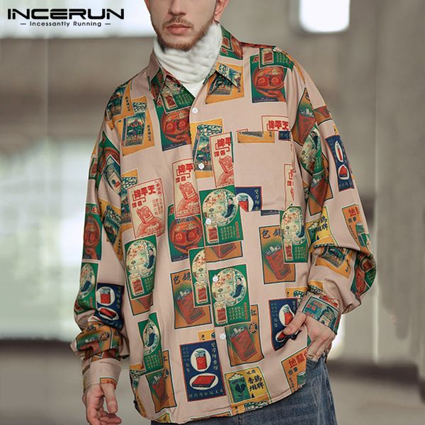 

incerun fashion long sleeve men shirt printing streetwear brand lapel button 2019 loose blouse casual basic shirts men harajuku, White;black