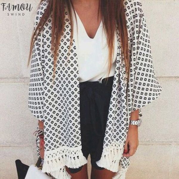 

2020 summer fashion women blouses geometry printed summer chiffon coat shawl kimono cardigan long sleeve tassels style, White