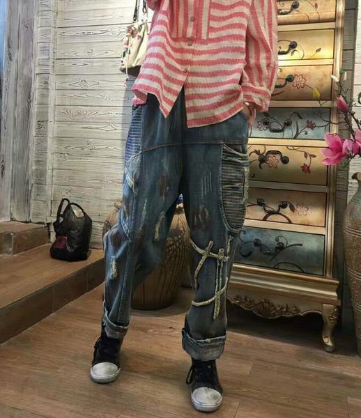 

2017 women casual patchwork denim pants ladies vintage elastic waist bleached denim trousers female wrinkle vintage jeans, Blue