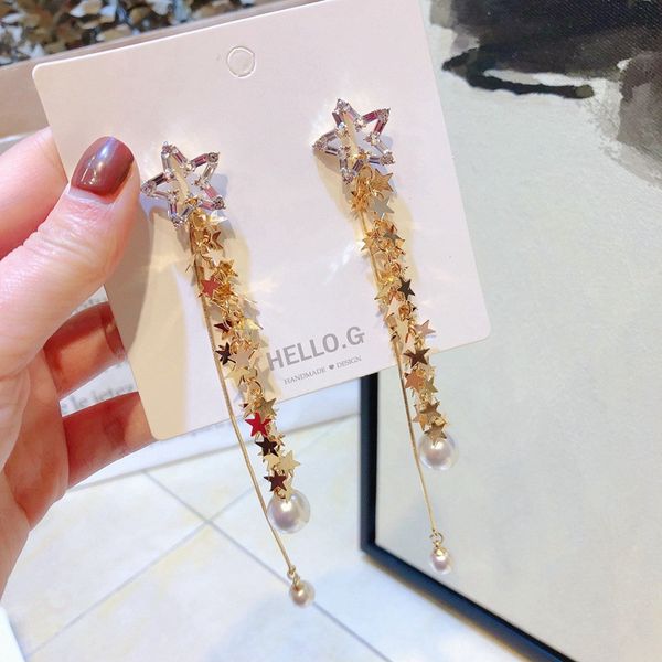 

new shiny rhinestone sequins star tassel simulated pearl pendant women pendientes korean temperament long drop earrings, Silver