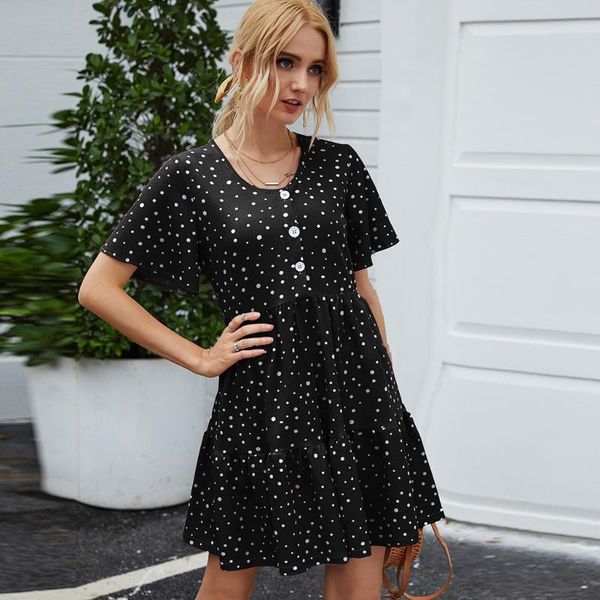 

mini dress women femme girls party loose polka dot button o-neck short sleeve vestidos bohemian ladies sundress holiday beach, Black;gray