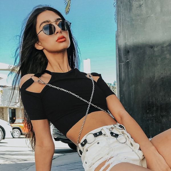 

european and american women's new spring and summer off shoulder chain decoration dark gothic t-shirt for women, White