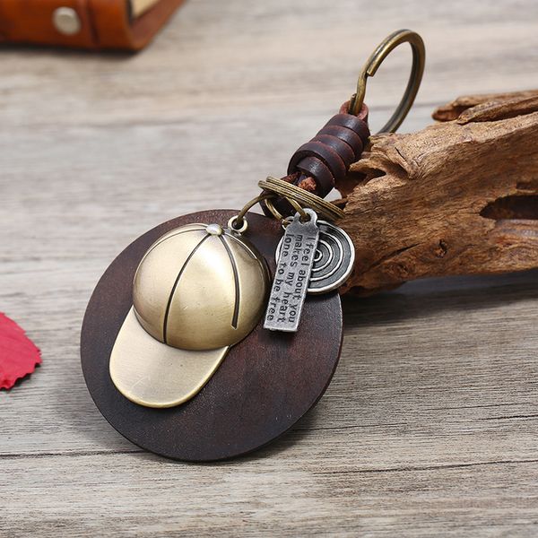 

2019 панк новый винтаж тканые кожаные брелок рюкзак автомобиль кулон аксессуары круглое дерево шляпа форма мужчины личность ювелирные издели, Silver