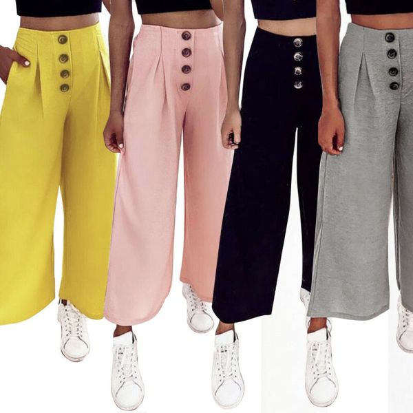 

summer new women trousers elegant loose solid color high waist button casual wide leg trousers ankle-long pants pleated pants, Black;white