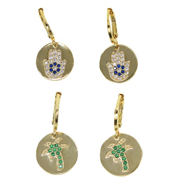 

2019 summer new fashion jewelry engraved green cz palm tree fatima's hand coin signet dangle drop earring, Silver