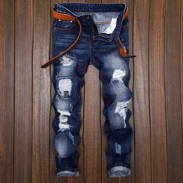 

england style solid new 2017 for spring autumn ripped biker holes elastic denim rock punk mens skinny jeans, Blue