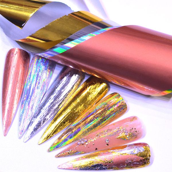 

5pcs/set laser rose gold matte metal foil nails holographic flower starry sky nail foils transfer sticker diy manicure decals, Black