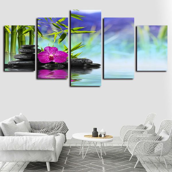 

5 panels stones bamboo flower modern artworks giclee canvas wall art for home decor abstract poster canvas print oil painting