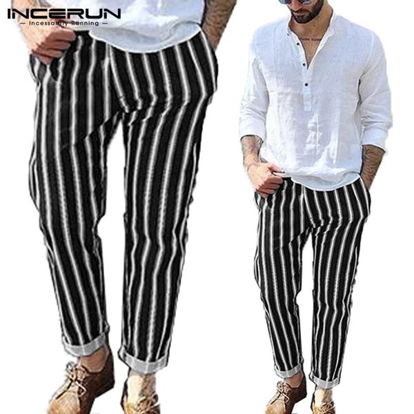 

incerun men england casual trousers fashion striped elegant trend social mens stretch elastic slim pencil pants joggers 2019, Black
