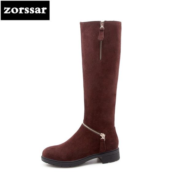 

zorssar} 2019 new fashion women snow boots winter warm plush thigh high boots cow suede leather flat heel women knee high, Black