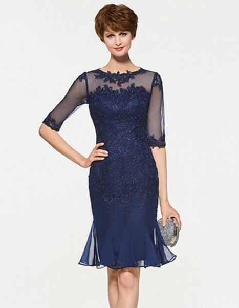

navy blue mother of the bride wedding dresses knee length mother of the groom dresses short sleeves evening prom gowns, Black;red