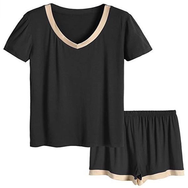 

modal pijamas set women 2pcs short sleeve&shorts home clothes intimate lingerie sleep suit v-neck sleepwear nightwear, Black;red