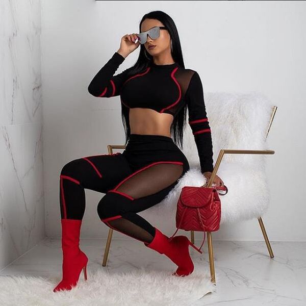 

женщины одежда женщины sweatsuits black mesh срощенной бинты sexy двух частей верхней части и кальсон matching эпикировка падение 2piece set, Gray