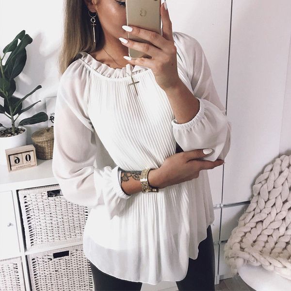 

Women Chiffon Top Solid Long Sleeve Blouse Summer Casual Loose Tops Shirt Pullover Femme Chiffon Blouse Streetwear