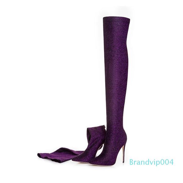 

2019 winter purple green boots over the knee thigh high boots bling bling high heels sequined cloths slip on shoes women plus size, Black