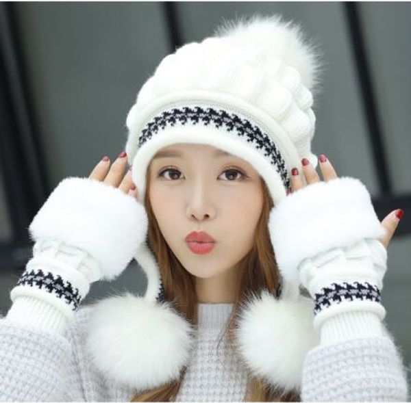 

ale girls thicken ski snow cap new fashion fur pompoms winter women beanie hats female skullies warm gloves + knit hat set, Blue;gray