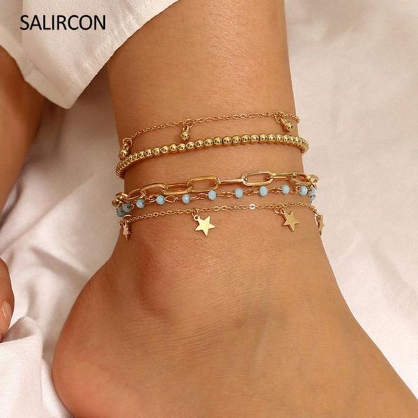 

salircon 5 шт. / лот мода звезда шарм бисером ножной браслет браслет летний пляж золотой цвет цепи многослойный ножной браслет женщины ювели, Red;blue