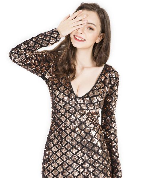 

womens clothing fashion dress sequins deep v neck long sleeved low cut nightclub style a line skirt, Black;gray