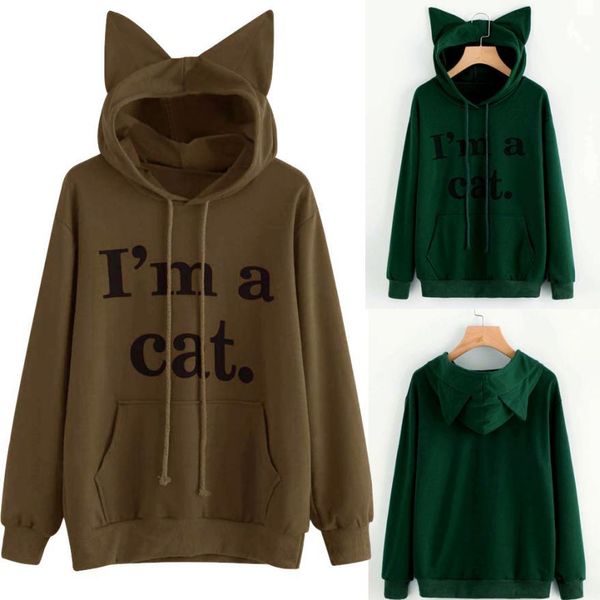 

muqgew новый дизайн женщин cat с длинным рукавом толстовка толстовка с капюшоном новые юношеская стиль красивая пуловер tops блуза, Black