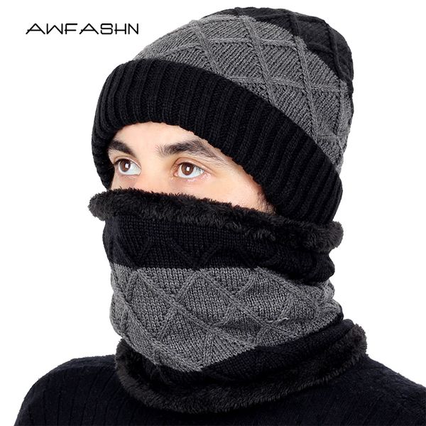 

2019 new outdoor brand knitting beanie hat scarf men's winter plaid plus velvet scarf thicken hedging cap scarves warm ski bone, Blue;gray