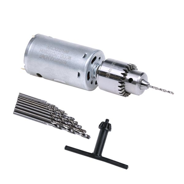 

dc 12v motor small pcb hand drill drilling machine compact set with 10pc 0.5-3mm drill bit 0.3-4mm jto keyless chuck