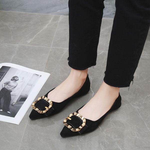 

pointed toe women flat shoes leather female peas shoes new joker comfort casual soft bottom fashion metal single w38-67, Black