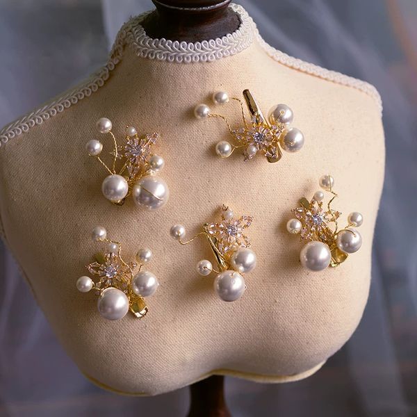 

5 pieces gold zircon wedding hairpins pearls brides hair clips headdress wedding hair accessory woman jewelry, Golden;white
